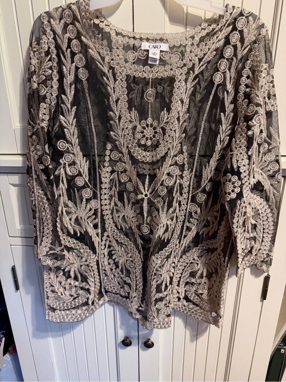 Cato Black Sheer Top with Ivory Embroidered Swirls